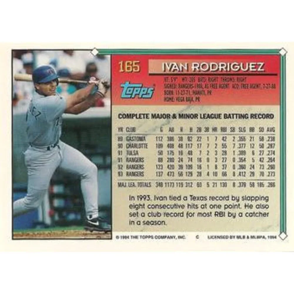 1994 Topps Ivan Rodriguez # 165 Texas Rangers